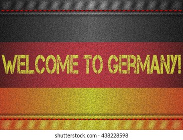 Germany tricolor flag with jeans texture and welcome inscription. Design denim fabric background. Vector illustration