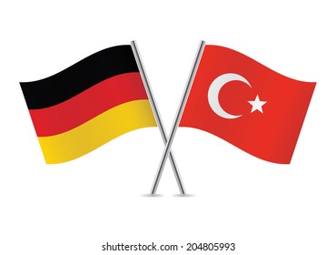 Germany and Turkey crossed flags. German and Turkish flags on white background. Vector icon set. Vector illustration.