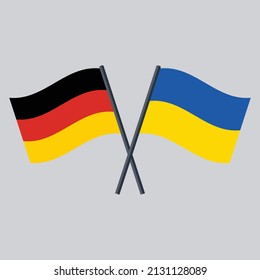 Germany And Ukraine Flag On Stick Crossed. Vector Icon Flat Design.