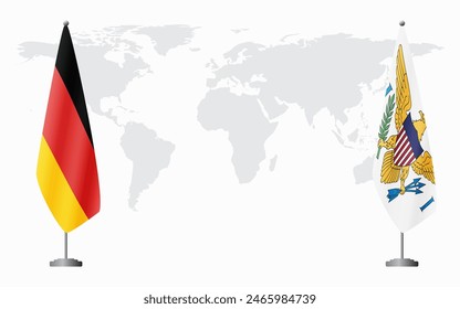 Germany and United States Islands flags for official meeting against background of world map.