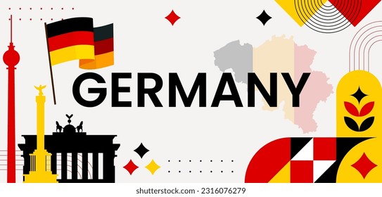 banner del día de la unidad alemana con fondo temático de colores de bandera alemana y diseño geométrico abstracto retro moderno. Múltiples paisajes de alemania. Celebración del día de la independencia.