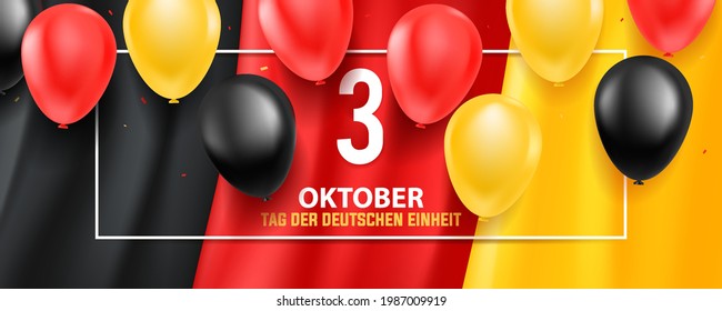 Germany Unity Day greeting card, October 3, Tag der Deutschen Einheit, balloons with Germany national flag in background and confetti. Celebration background.