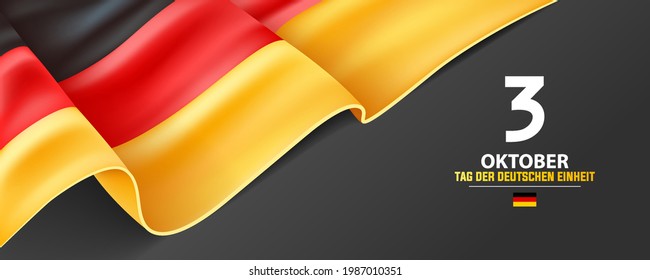 Tarjeta de saludo del Día de la Unidad de Alemania, 3 de octubre, Tag der Deutschen Einheit, bandera nacional alemana sobre fondo gris. Fondo de la celebración.