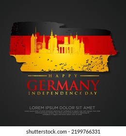 Tarjeta de saludo del Día de la Unidad de Alemania, con efecto de gota y gota sobre la bandera como símbolo de independencia. ilustración vectorial
