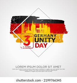 Tarjeta de saludo del Día de la Unidad de Alemania, con efecto de gota y gota sobre la bandera como símbolo de independencia. ilustración vectorial
