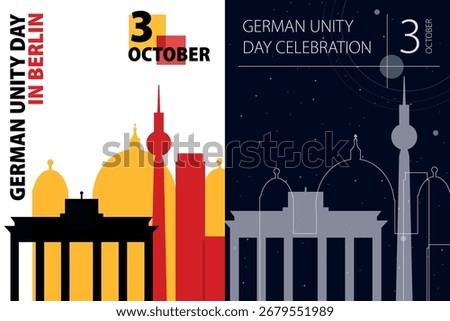 Germany Unity Day poster pack. Vector illustrations with Berlin, capital city skyline and landmarks shape for holiday card, print, event, brochure. Modern template