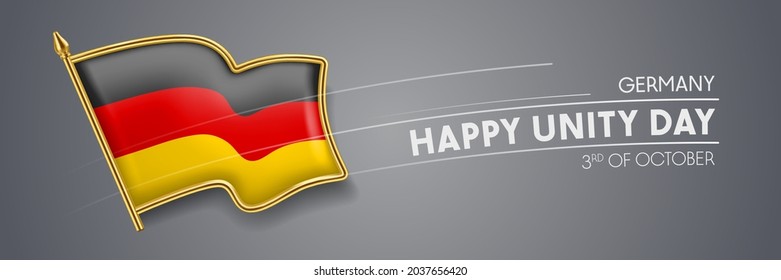 Germany unity day vector banner, greeting card. German wavy flag in 3rd of October patriotic holiday horizontal design with realistic badge