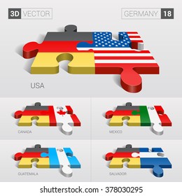 Germany and USA, Canada, Mexico, Guatemala, Salvador Flag. 3d vector puzzle. Set 18.