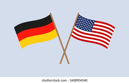 Germany and USA crossed flags on stick. German and American national symbols. Vector illustration.