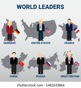 Germany, USA, France, China, Russia, UK - 2019 - World Leaders With National Flags In Front Of State Maps