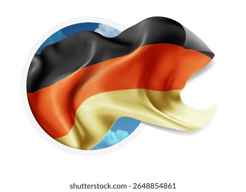 Germany, vector 3d flag against a blue sky, through a round hole on a white background