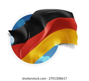 Germany, vector 3d flag against a blue sky, through a round hole on a white background