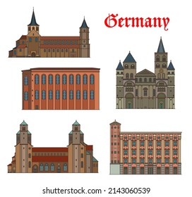 Deutschland Vektorbauten von Trier, Hildesheim und Linz, Architektur und Reiseziele. St. Peter Kirche und Altes Rathaus in Linz, Liebfrauenkirche, Michaeliskirche und Trierer Dom Kathedrale