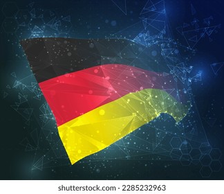 Alemania, bandera vectorial, objeto 3D virtual abstracto de polígonos triangulares sobre fondo azul