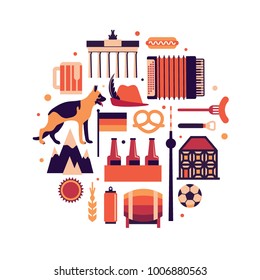 Germany, vector flat illustration, travel icon set, white background. Brandenburg Gate, beer, dog, hat, accordion, sausage, flag, barrel, mountain, building, soccer, tower
