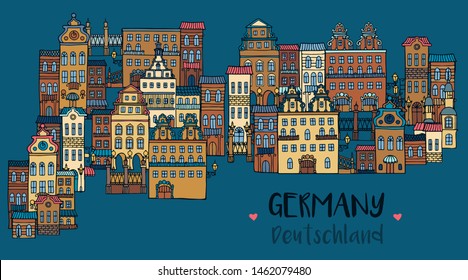 Germany Vector illustration, beautiful European city. cartoon houses, street.
Street of the German city. Cartoon architecture of a European city. Cute houses on the street. Hand-drawn houses.