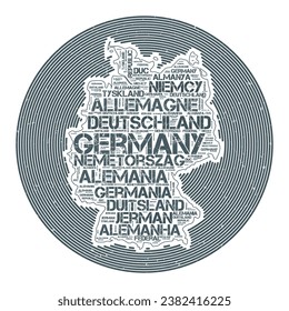 Imagen vectorial de Alemania. Diseño de logotipo de campo. Afiche de Alemania en arcos circulares y estilo WordCloud. Ilustración vectorial con estilo.