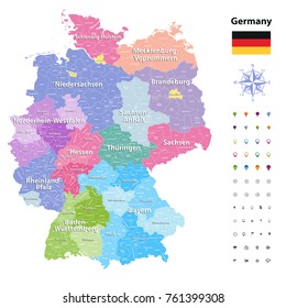 Germany vector map (colored by states and administrative districts) with subdivisions