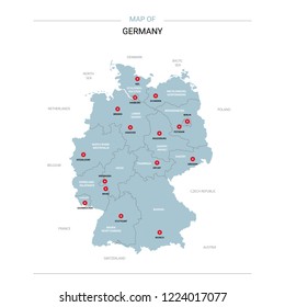 Germany vector map. Editable template with regions, cities, red pins and blue surface on white background.