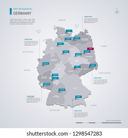 Germany vector map with infographic elements, pointer marks. Editable template with regions, cities and capital Berlin. 