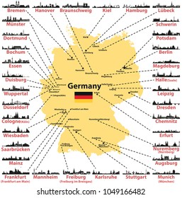 Germany vector map with states capitals and largest citites skylines silhouettes on white background