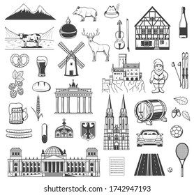 Germany vector objects, symbols and characters. Beer and sausage, pretzel. Bavarian hunting hat, Brandenburg Gate and fachwerk house building, heraldic eagle and Alps mountains, car and autobahn