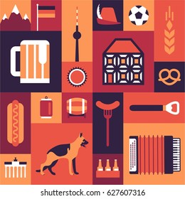 Germany, vector travel illustration, flat icon set, landmark poster, background. Mountain, flag, hat, soccer, house, beer, sausage, dog, accordion, Brandenburg Gate, bottle, barrel