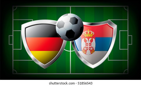 Germany versus Serbia abstract vector illustration isolated on white background. Soccer match in South Africa 2010. Shiny football shield of flag Germany versus Serbia