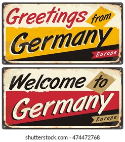 Germany vintage vector souvenir sign or postcard templates. Travel theme. Places to visit and remember. Hello world.