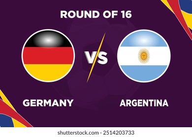 Alemanha vs Argentina, na competição de futebol Bandeiras rivais de ambos os times com forma de futebol. Isolar com cor roxa e futebol. Arquivo EPS editável. Jogo de futebol GER VS ARG. Rodada de 16.