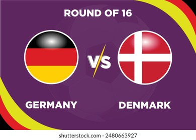 Alemania vs Dinamarca, ronda del 16 de junio de 2024 en la competición de fútbol Banderas rivales de ambos Equipos con forma de fútbol.Aislado con color púrpura y Football.Editable archivo EPS. Partido de fútbol GER VS DEN.