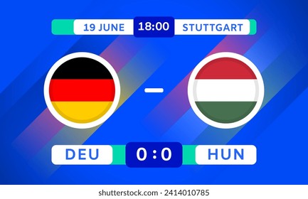 Elemento de diseño de partido Alemania vs Hungría. Marca Iconos con transparencia aislados en fondo azul. Infografía De La Competencia Del Campeonato De Fútbol. Anuncio, plantilla de puntuación de juego. Gráficos vectoriales