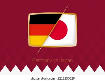Germany vs Japan, group stage icon of football competition on burgundy background. Vector icon.