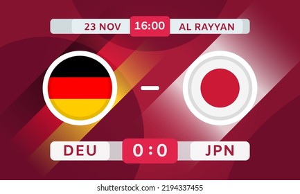Germany vs Japan Match Design Element. Football Championship Competition Infographics. Announcement, Game Score, Scoreboard Template. Vector Illustration