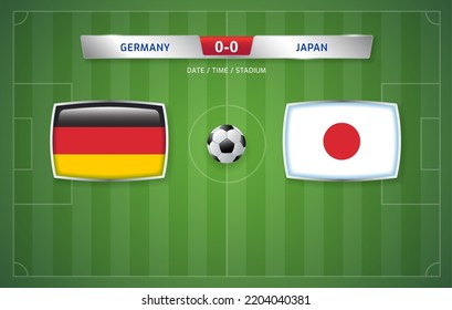 Modelo de emisión de marcador Alemania vs Japón para el torneo de fútbol deportivo 2022 y ilustración vectorial del campeonato de fútbol