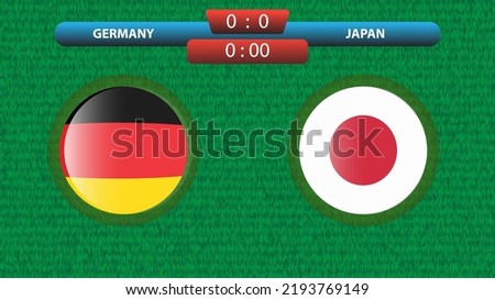 Germany vs Japan scoreboard template for soccer tournament 2022 in Qatar. Group A match. Vector illustration. Sport template.