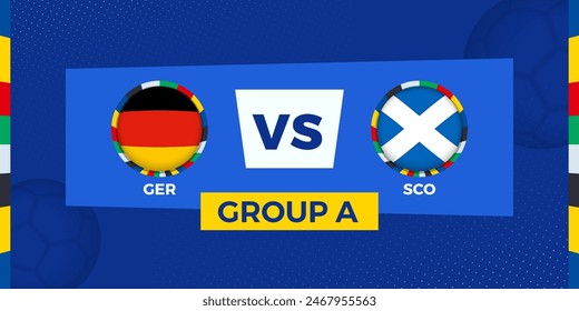 Partido de fútbol Alemania vs Escocia en la fase de grupos. Ilustración de competición de fútbol sobre fondo deportivo. Ilustración vectorial.