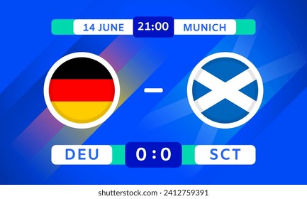 Elemento de diseño de coincidencia Alemania vs Escocia. Marca Iconos con transparencia aislados en fondo azul. Infografía De La Competencia Del Campeonato De Fútbol. Plantilla de puntuación de juego. Ilustración del vector