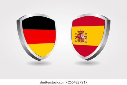 Germany vs Spain flags shield on a white background, Football soccer championship competition vector illustration