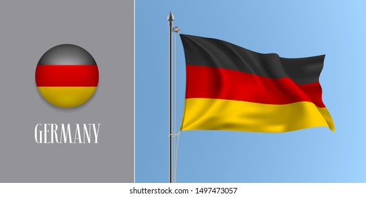 Germany waving flag on flagpole and round icon vector illustration. Realistic 3d mockup with design of German flag and circle button 