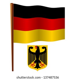 germany wavy flag and coat of arms against white background, vector art illustration, image contains transparency