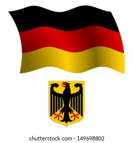 germany wavy flag and coat of arms against white background, vector art illustration, image contains transparency