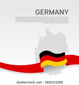 Germany wavy flag and mosaic map on white background. Wavy ribbon in colors of germany flag. National poster. Vector tricolor design. Business booklet. State germanic patriotic flyer, cover