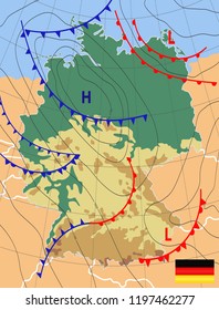 Germany. Weather map of the Germany. Meteorological forecast. Editable vector illustration of a generic weather map showing isobars and weather fronts. EPS 10