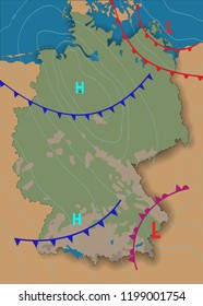 Germany. Weather map of the Germany. Meteorological forecast. Editable vector illustration of a generic  map showing isobars and weather fronts. EPS 10