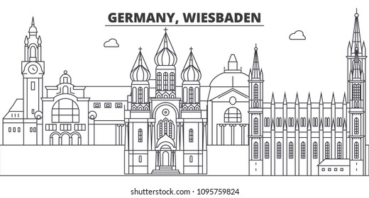 Germany, Wiesbaden line skyline vector illustration. Germany, Wiesbaden linear cityscape with famous landmarks, city sights, vector landscape. 