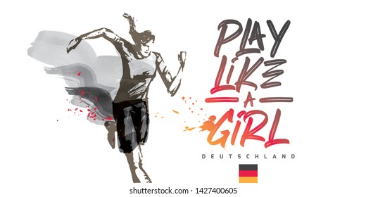 Germany Women's Soccer National Team Vector Design. Female Player Running. Typographic Layout. Lettering Sport Logo.