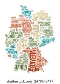 Nube de palabras de Alemania. Forma Country con división por regiones. Imagen estilo tipografía de Alemania. Nubes de etiquetas de nombres de región. Ilustración vectorial.