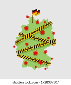 Germany is wrapped in yellow warning tape Quarantine. German map Coronavirus epidemic in world. Outbreak Covid-19 Pandemic. World disaster