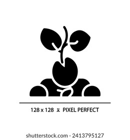 Germination black glyph icon. Seed starting. Seedling sprouting from soil. Plant growth stage. Organic horticulture. Silhouette symbol on white space. Solid pictogram. Vector isolated illustration